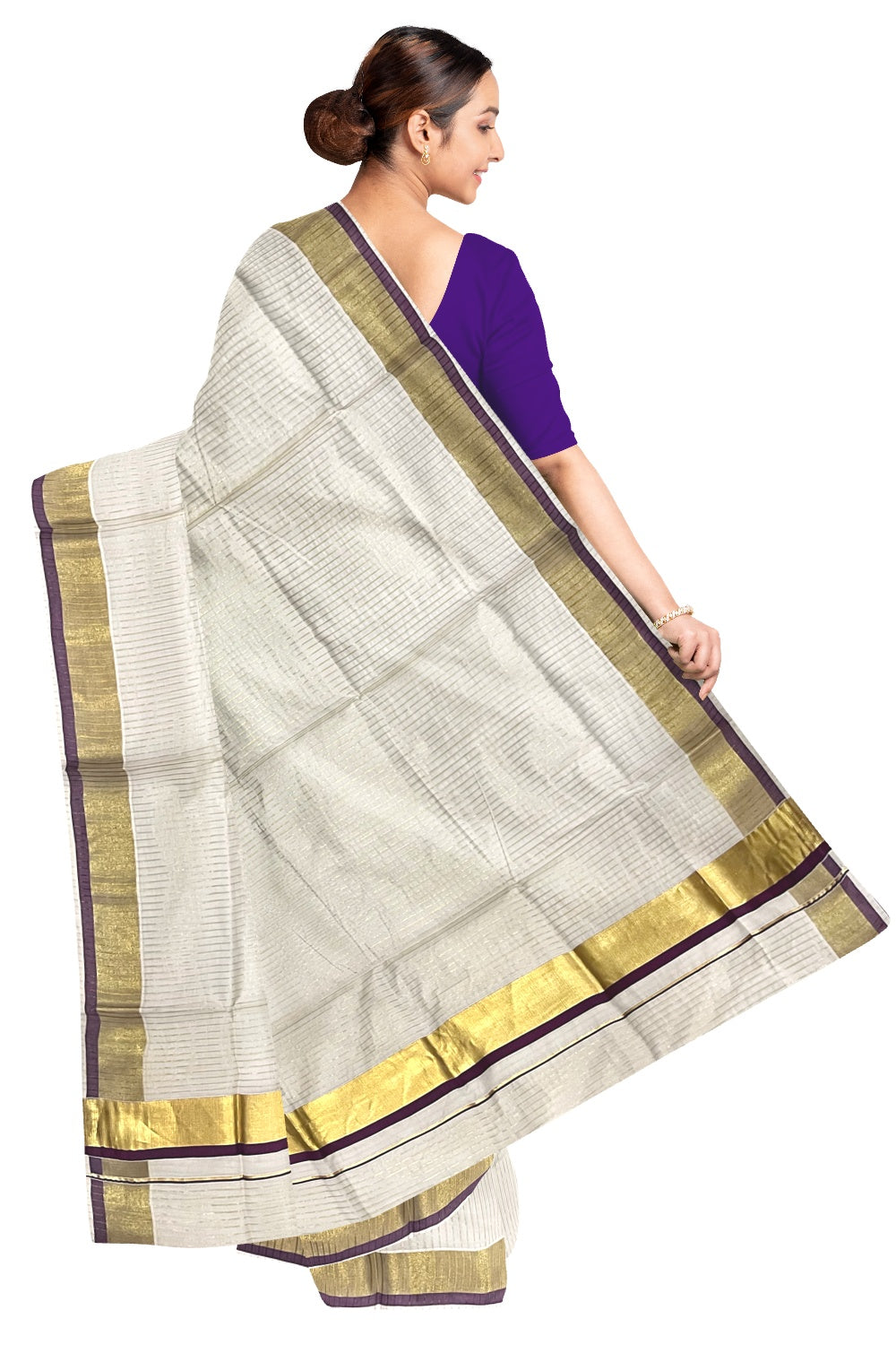 Pure Cotton Kerala Kasavu Lines Design Saree with Purple Border and Tassels Work (Onam Saree 2023)