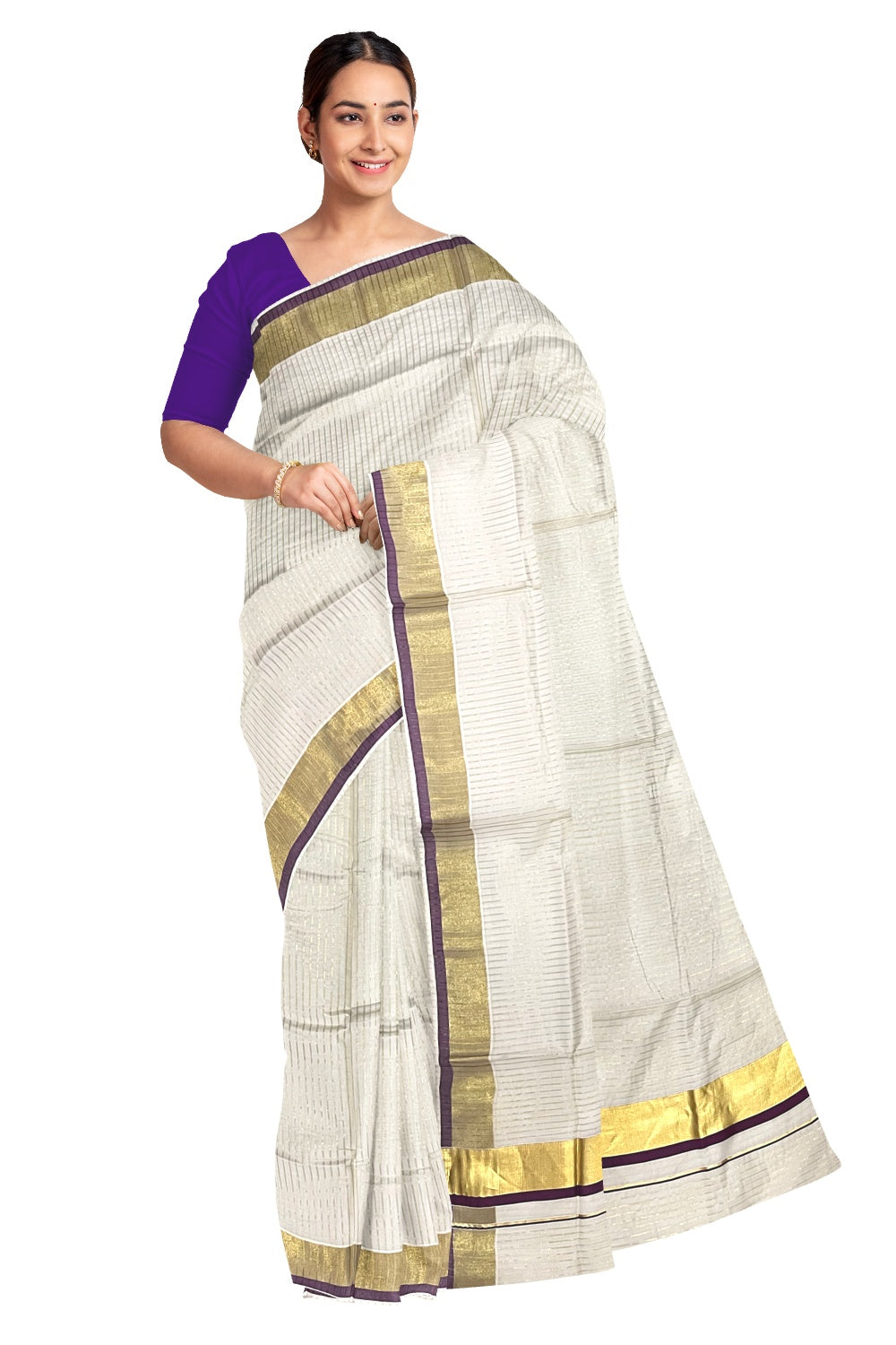 Pure Cotton Kerala Kasavu Lines Design Saree with Purple Border and Tassels Work (Onam Saree 2023)