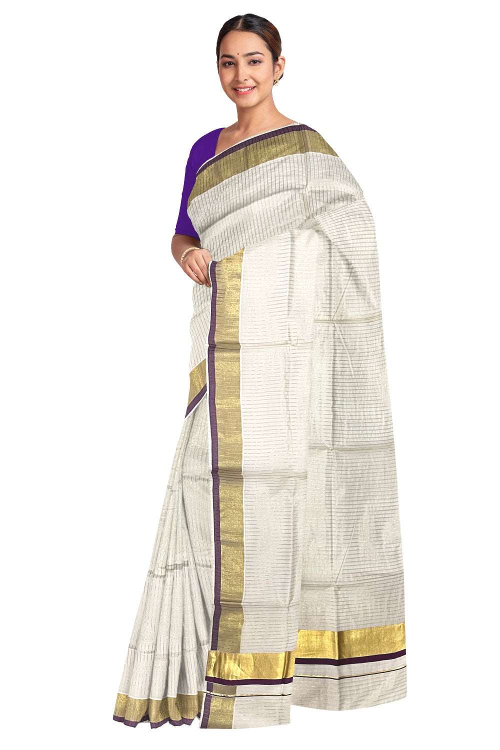 Pure Cotton Kerala Kasavu Lines Design Saree with Purple Border and Tassels Work (Onam Saree 2023)