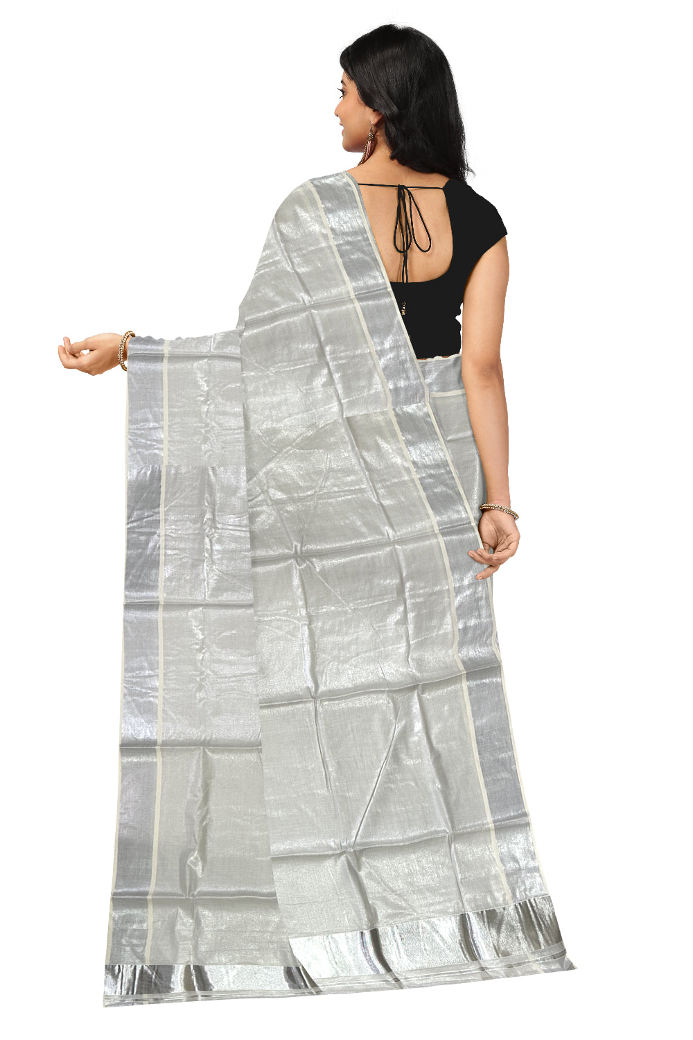 Kerala Silver Tissue Kasavu Plain Saree with 4 Inch Border