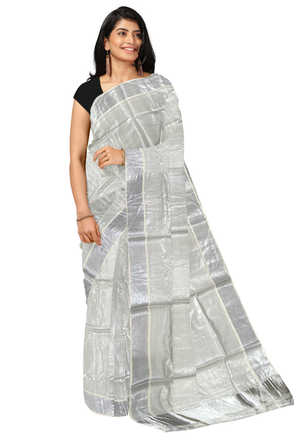 Kerala Silver Tissue Kasavu Plain Saree with 4 Inch Border