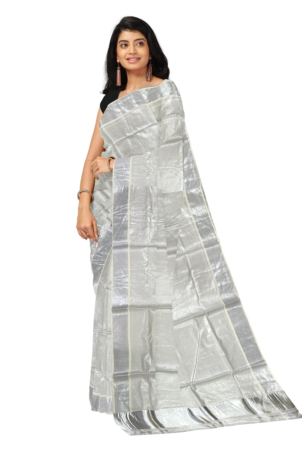 Kerala Silver Tissue Kasavu Plain Saree with 4 Inch Border