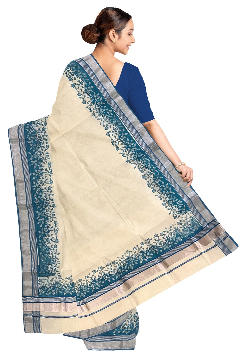 Kerala Cotton Saree with Blue Floral Block Prints and Silver Kasavu Border (Onam Saree 2023)