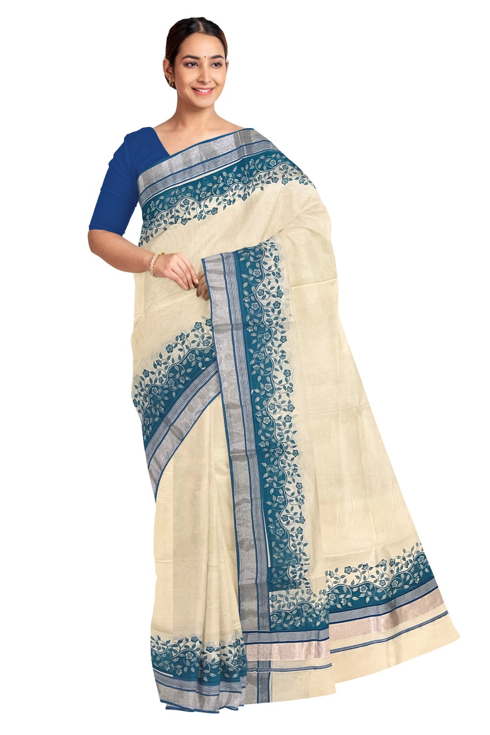 Kerala Cotton Saree with Blue Floral Block Prints and Silver Kasavu Border (Onam Saree 2023)