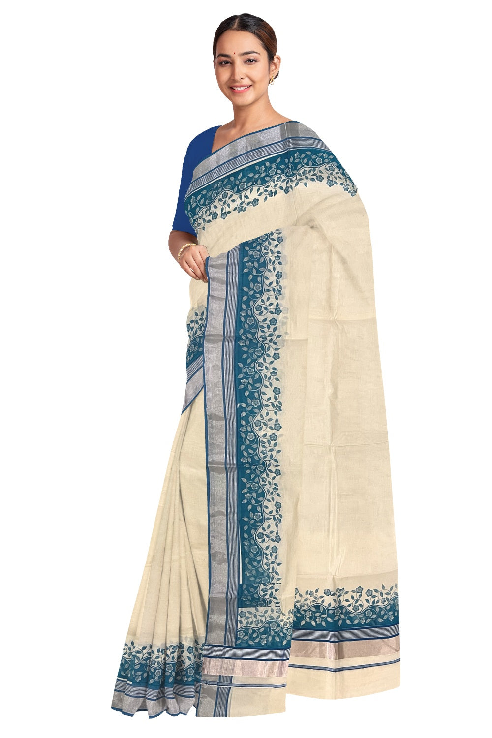 Kerala Cotton Saree with Blue Floral Block Prints and Silver Kasavu Border (Onam Saree 2023)