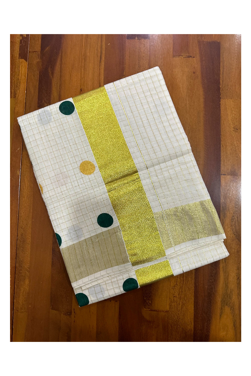 Southloom Micro Check Kasavu Saree with Coloured and Golden Polka Dot Prints Across Body and Print (Onam 2023 Collection)