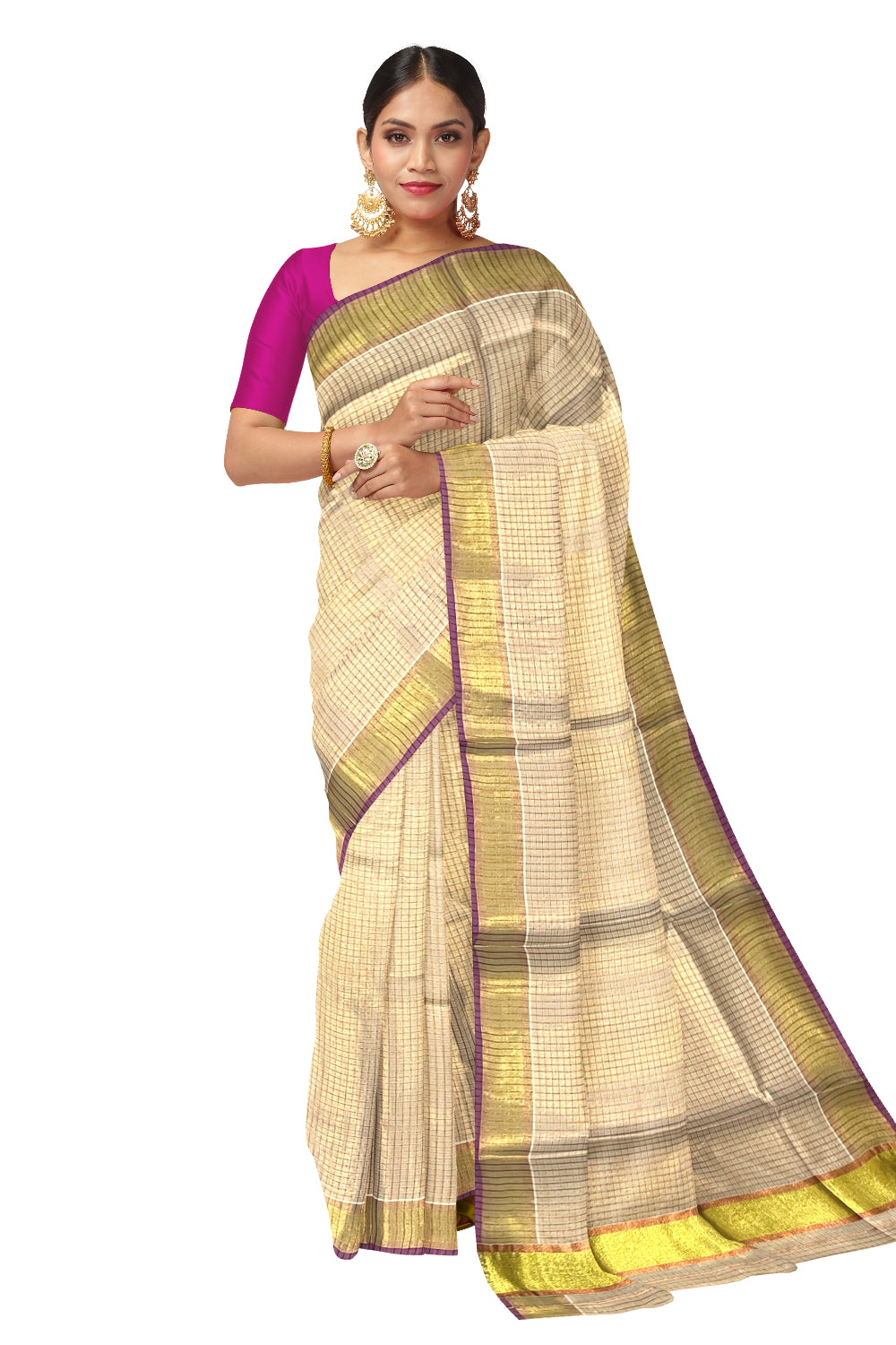 Kerala Copper and Golden Tissue Kasavu Check Design Saree