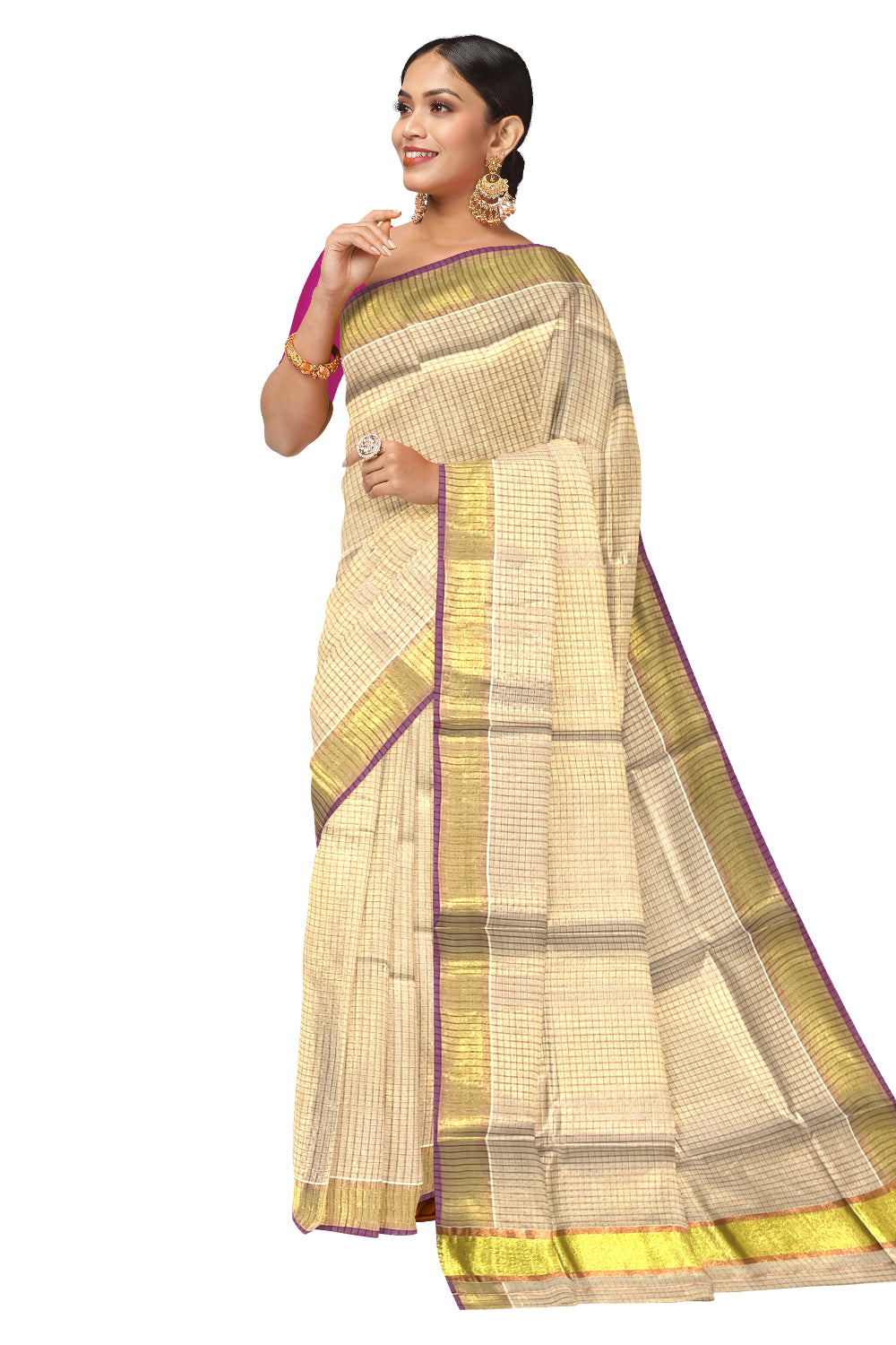 Kerala Copper and Golden Tissue Kasavu Check Design Saree