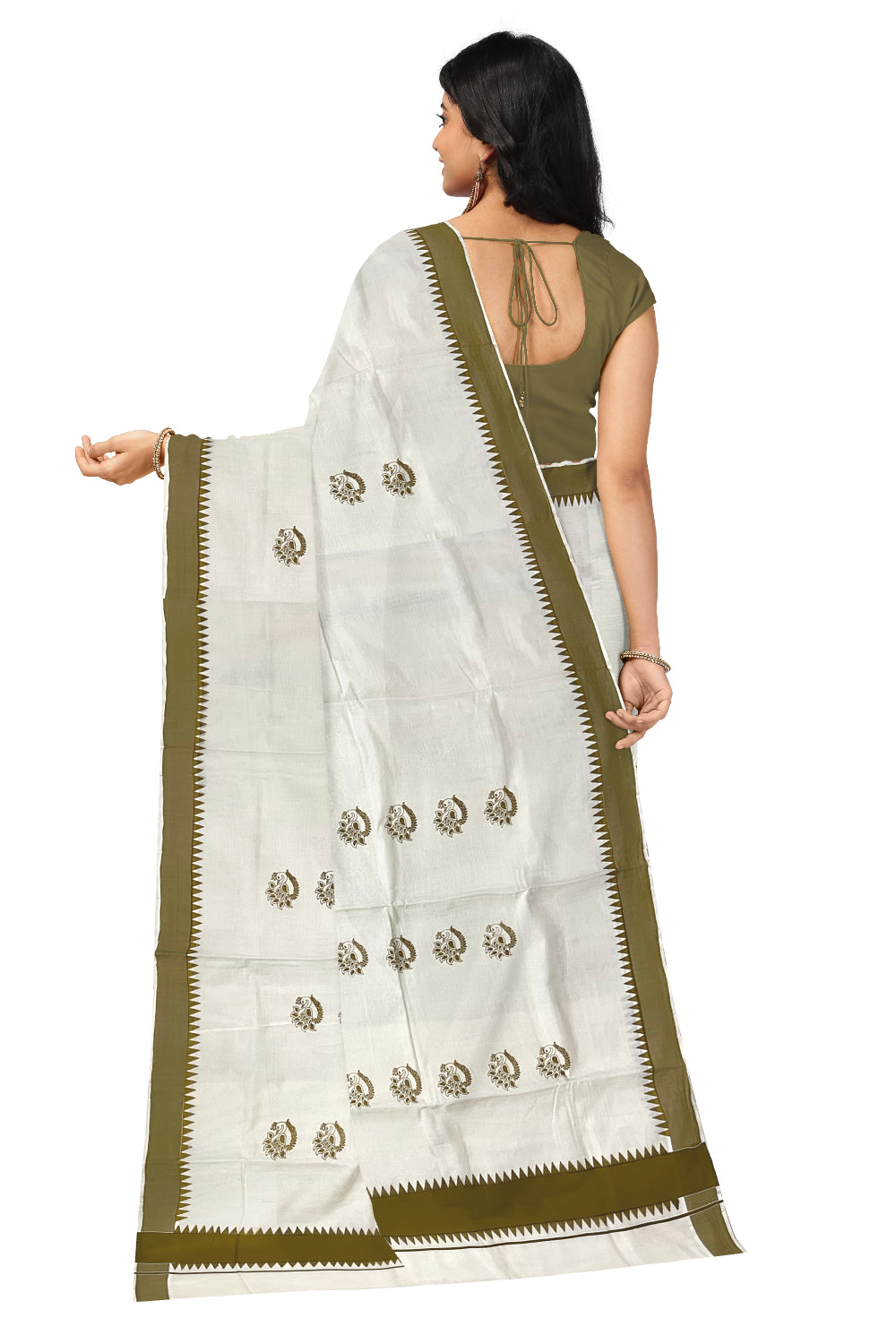 Kerala Pure Cotton Saree with Brown Temple Block Prints on Border