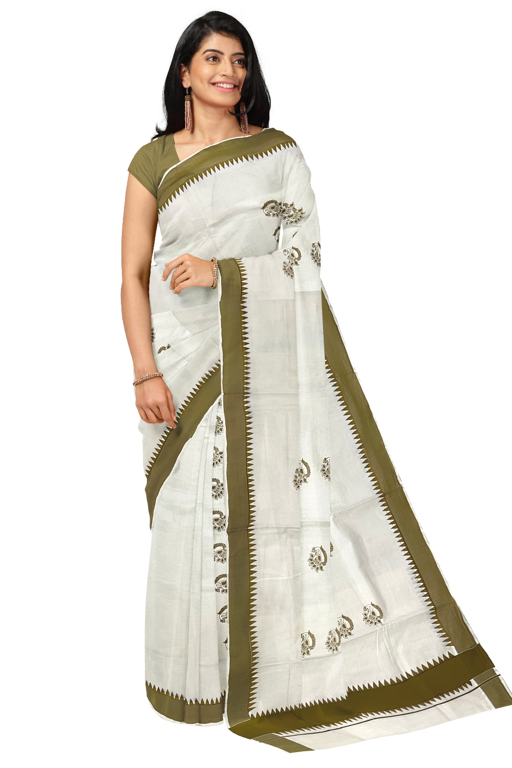 Kerala Pure Cotton Saree with Brown Temple Block Prints on Border