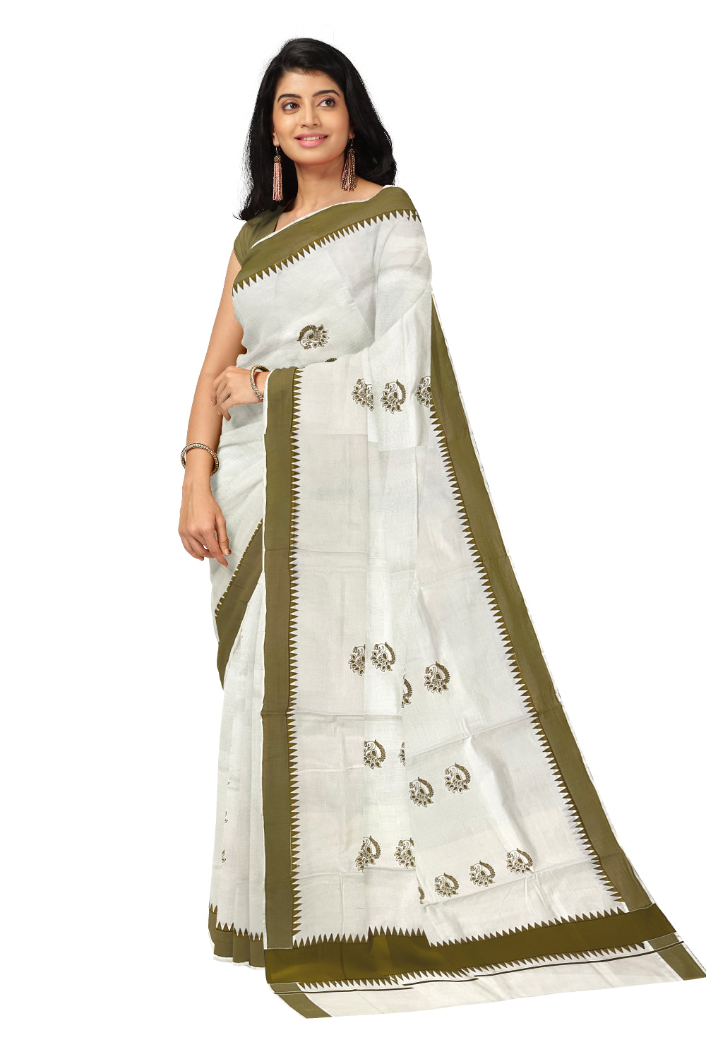 Kerala Pure Cotton Saree with Brown Temple Block Prints on Border