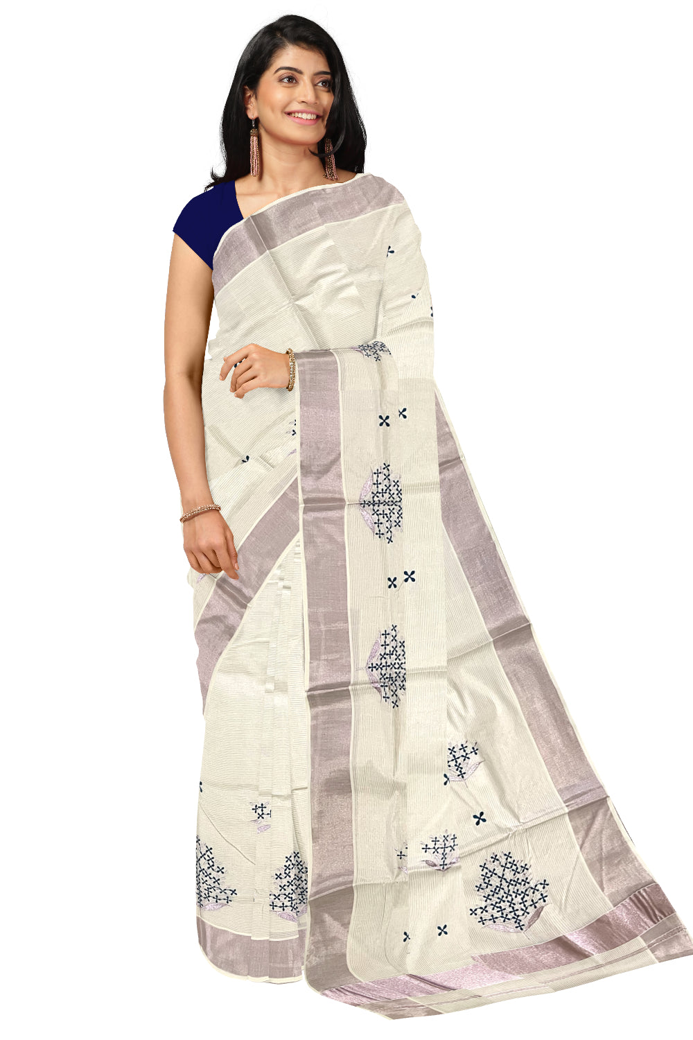 Kerala Cotton Rose Copper Kasavu Micro Lines Saree with Blue Floral Embroidered Designs