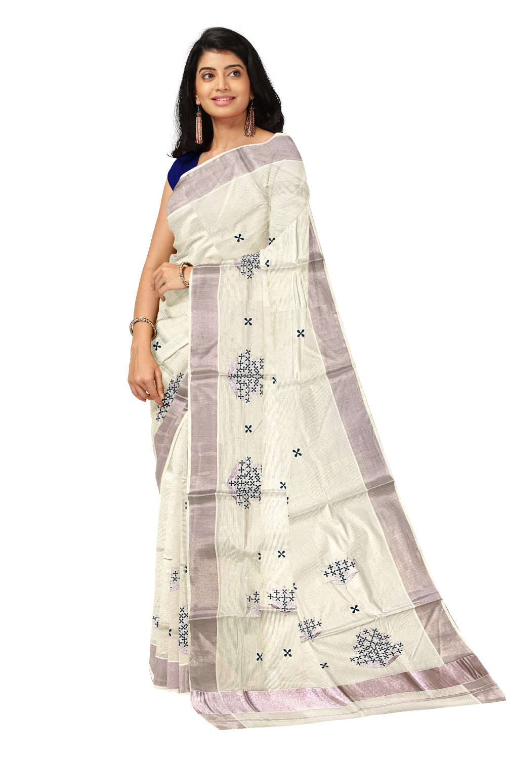 Kerala Cotton Rose Copper Kasavu Micro Lines Saree with Blue Floral Embroidered Designs