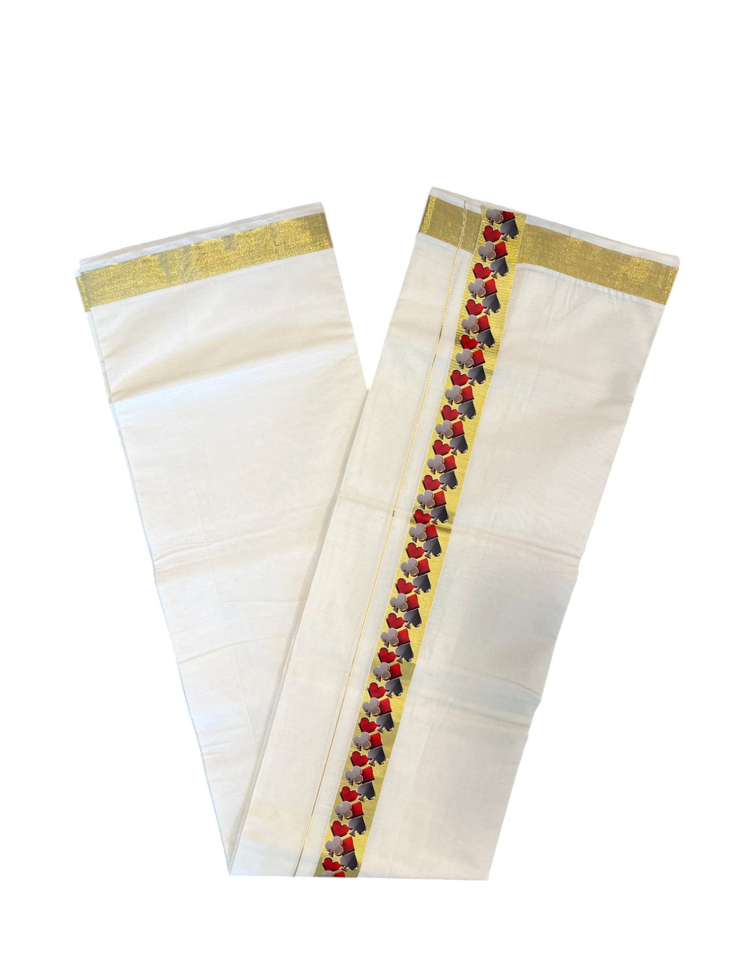 Pure Cotton Off White Double Mundu with Block Prints on Kasavu Kara (South Indian Dhoti)