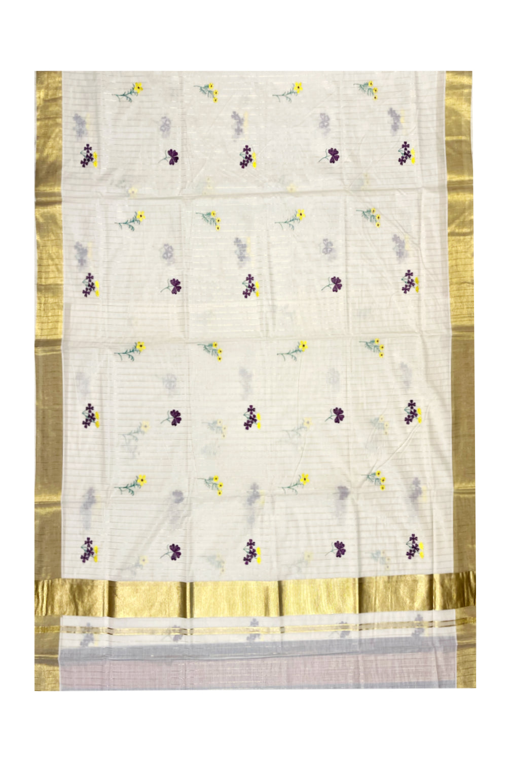 Kerala Cotton Kasavu Lines Saree with Violet and Yellow Floral Embroidery Works On Body