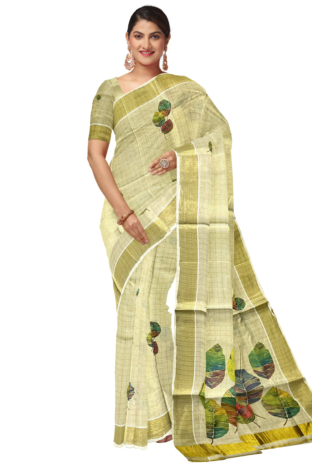 Kerala Tissue Kasavu Check Design Saree with Leaf Mural Prints on Body