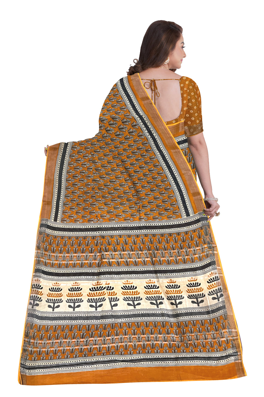 Southloom Linen Yellow Designer Saree with Floral Prints on Body