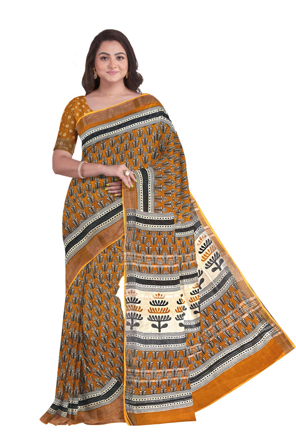 Southloom Linen Yellow Designer Saree with Floral Prints on Body