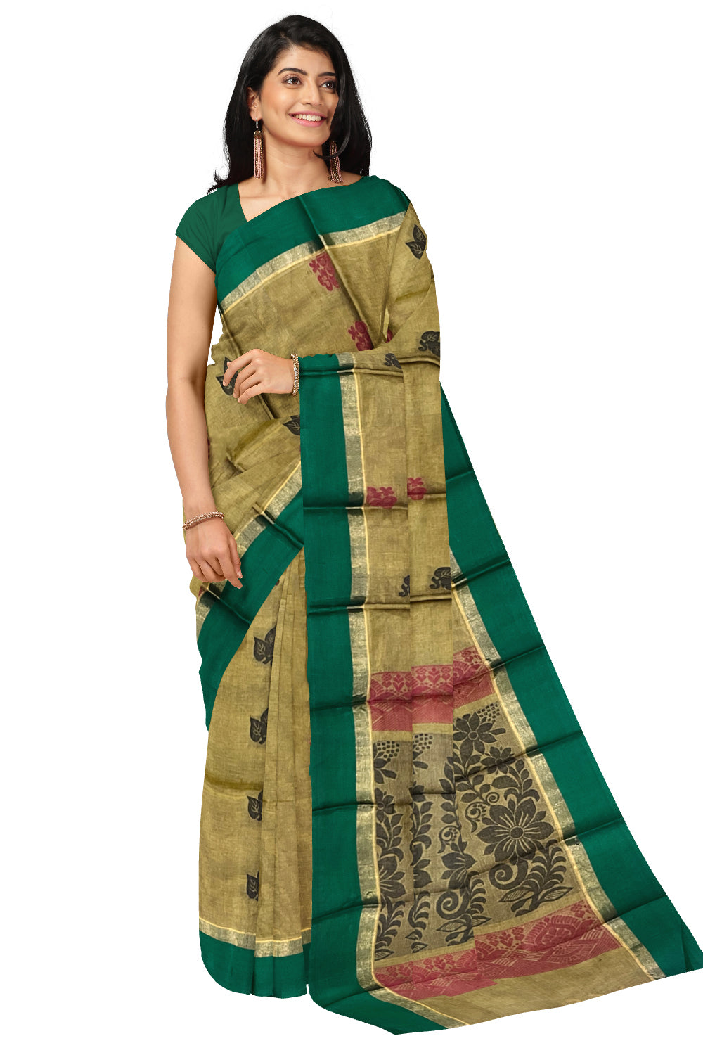 Southloom Cotton Green Saree with Woven Butta Works on Body and Pallu