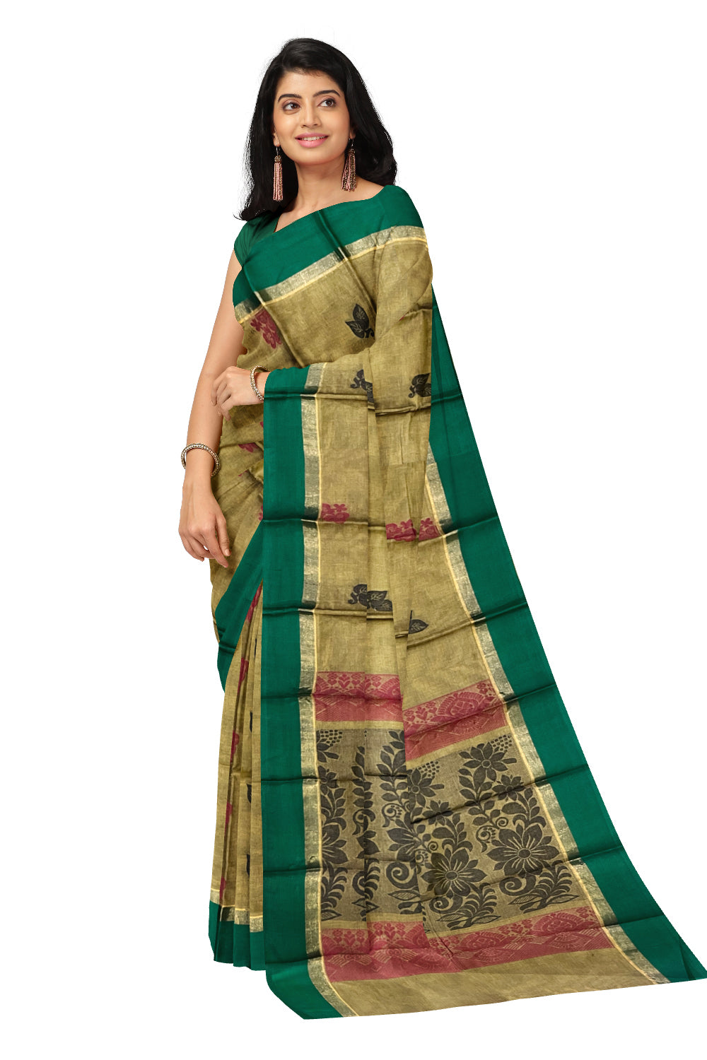 Southloom Cotton Green Saree with Woven Butta Works on Body and Pallu