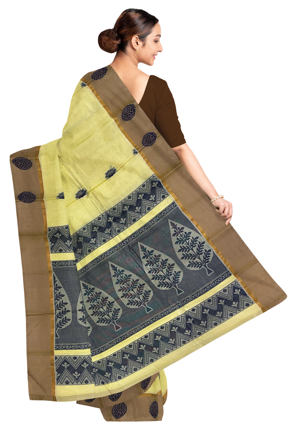 Southloom Cotton Yellow Saree with Woven Works on Body and Brown Border