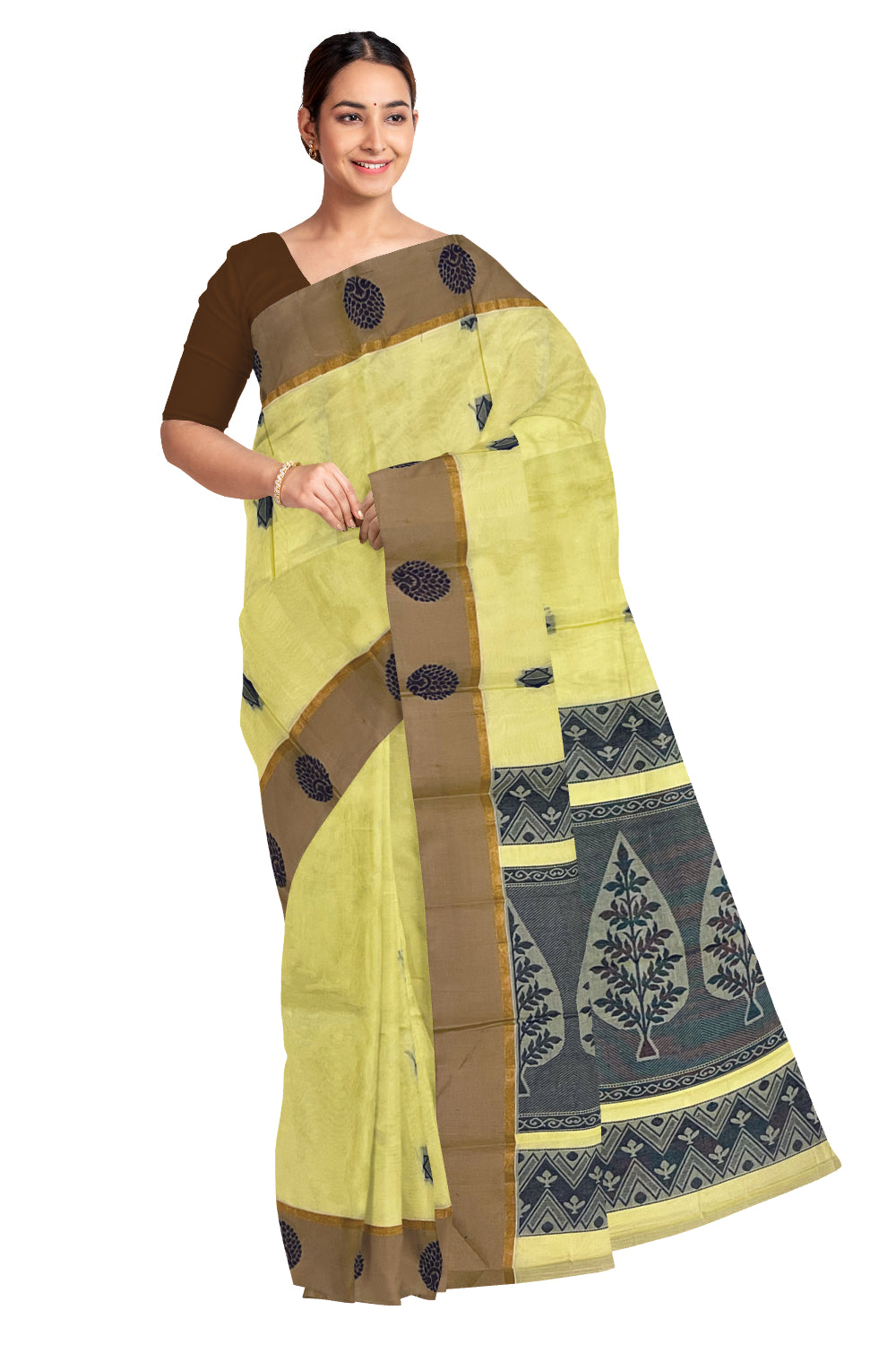 Southloom Cotton Yellow Saree with Woven Works on Body and Brown Border