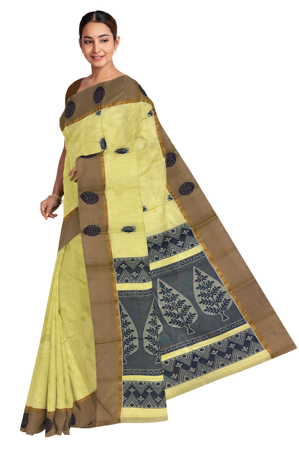 Southloom Cotton Yellow Saree with Woven Works on Body and Brown Border