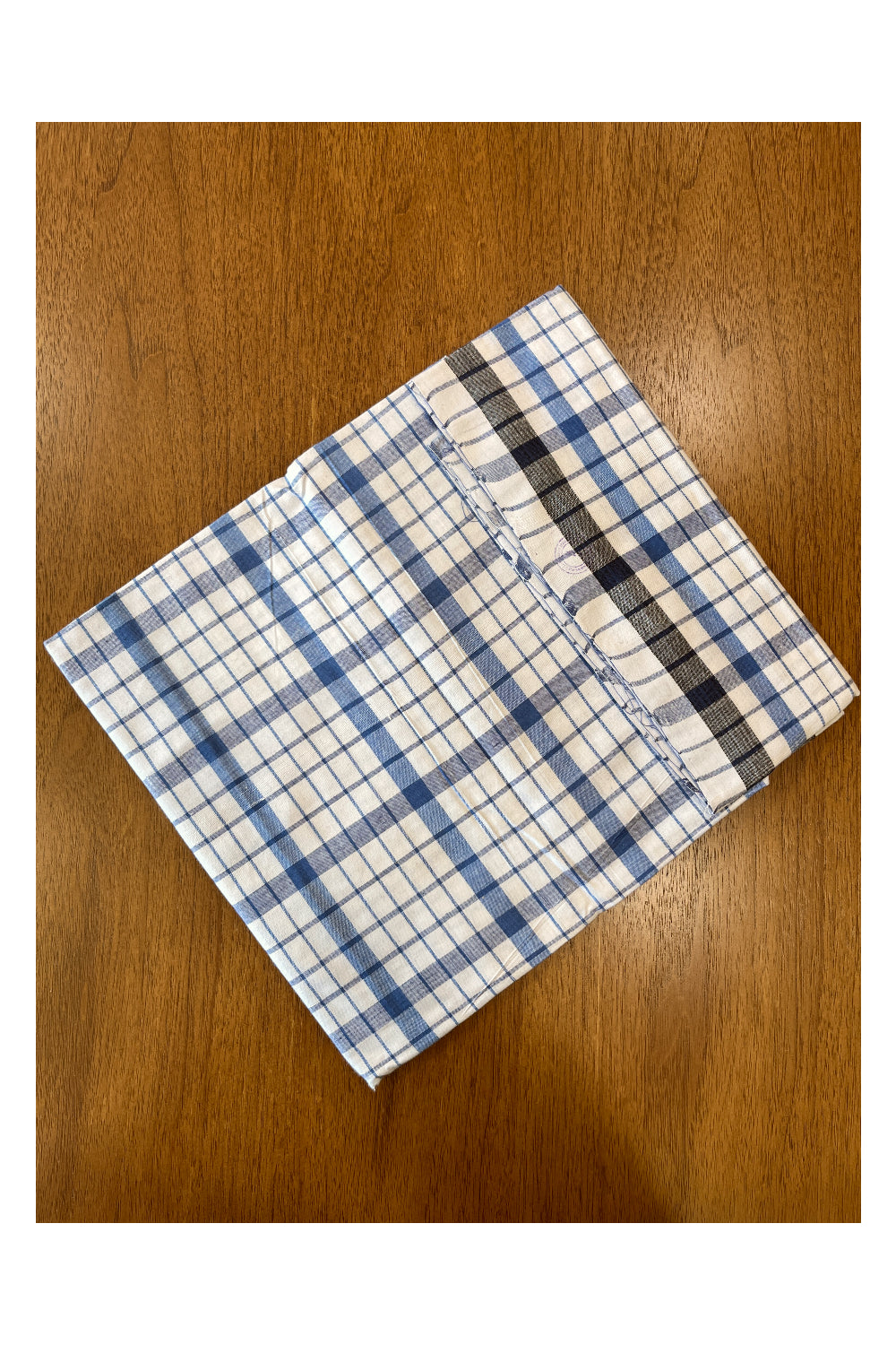 Southloom Premium Handloom White Single Mundu (Lungi) with Blue Check Designs