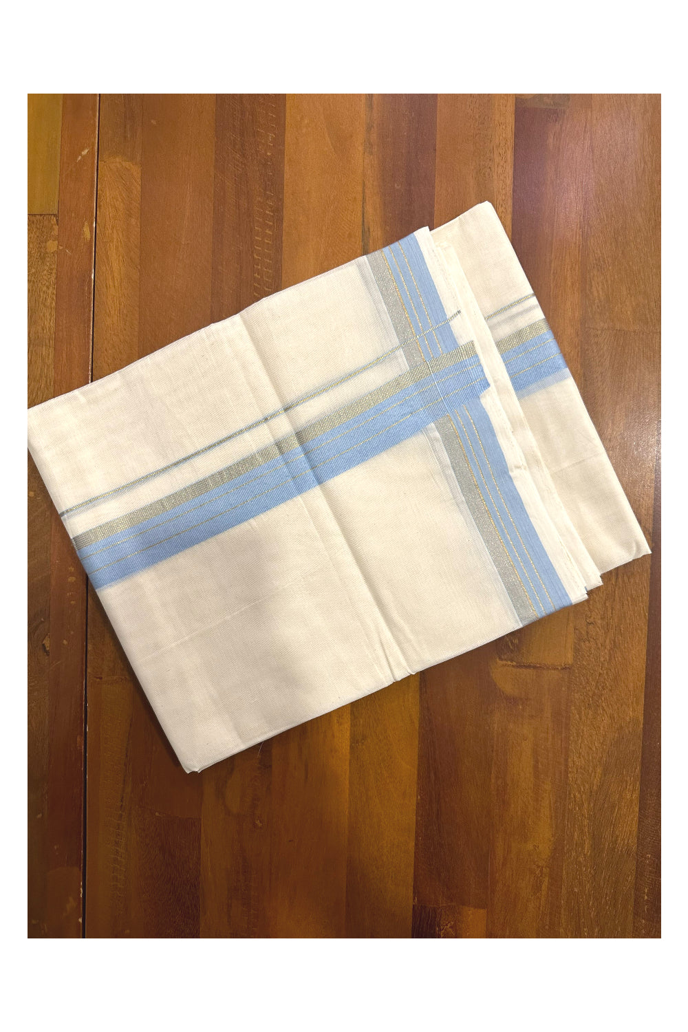 Southloom Premium Handloom Mundu with Light Blue and Kasavu Kara (Onam Mundu 2023)