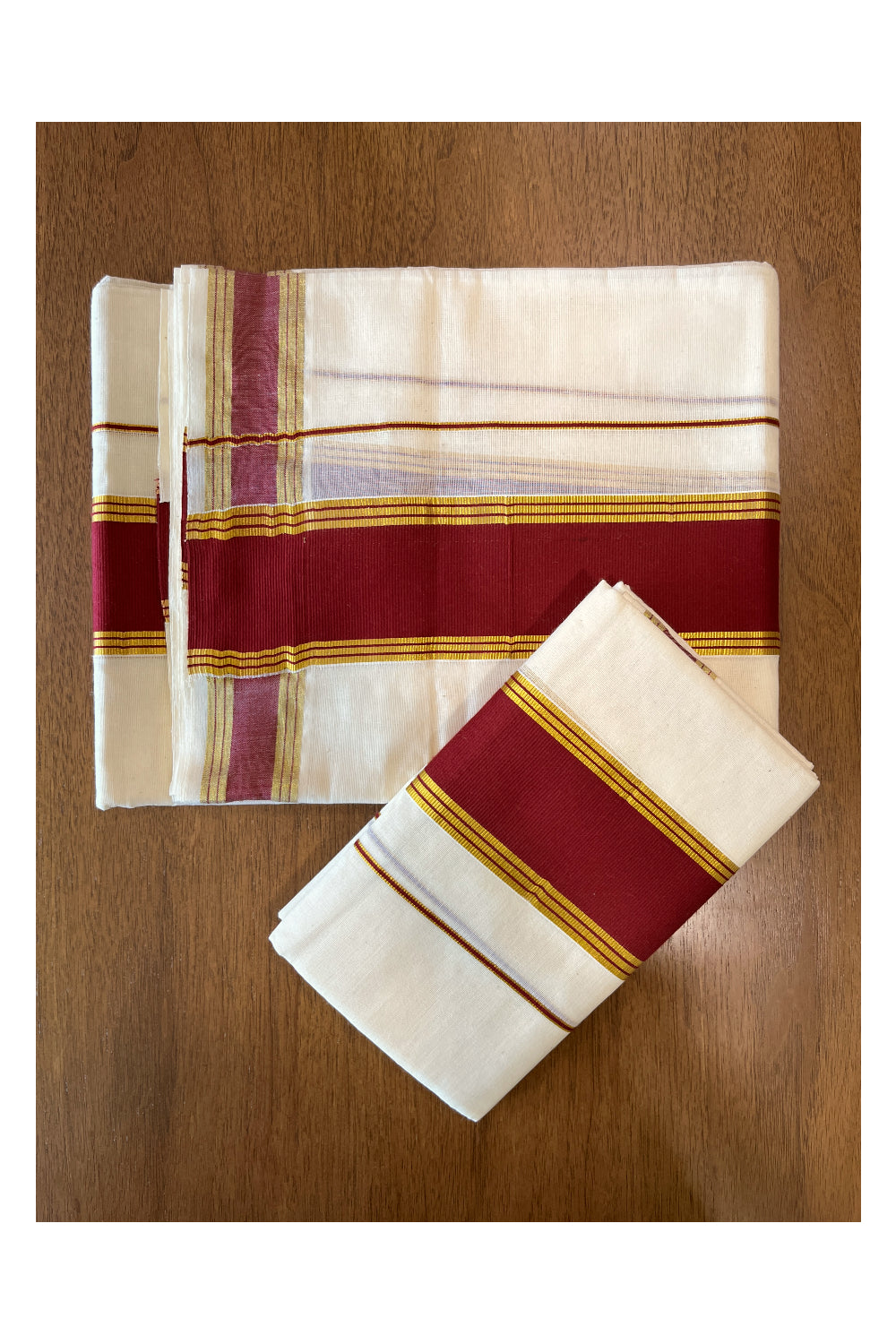 Kerala Cotton Single Set Mundu (Mundum Neriyathum) with Maroon and Kasavu Border 2.80 Mtrs