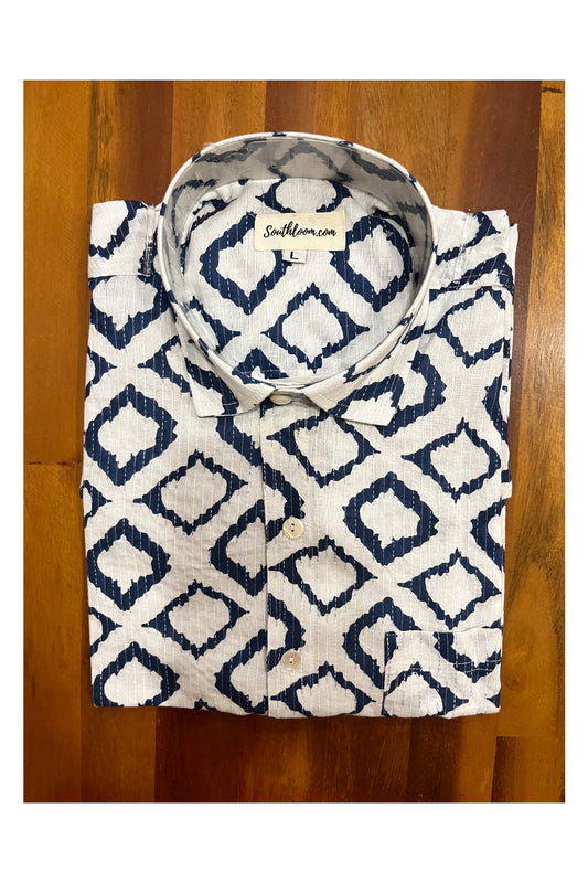 Southloom Jaipur Cotton Blue Hand Block Printed White Shirt (Half Sleeves)