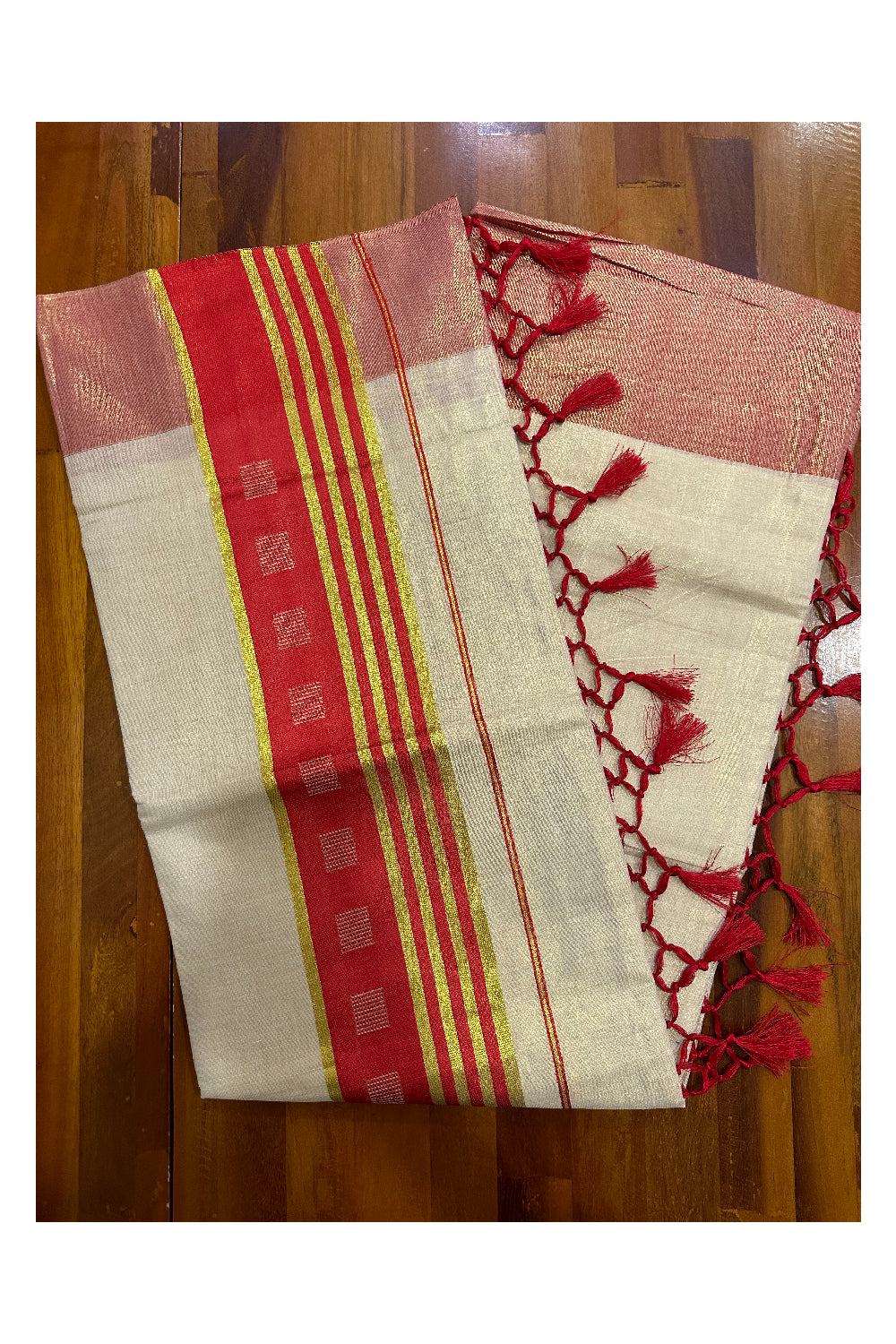 Kerala Tissue Saree with Kasavu Red Border and Tassels Works on Pallu (Onam Saree 2023)