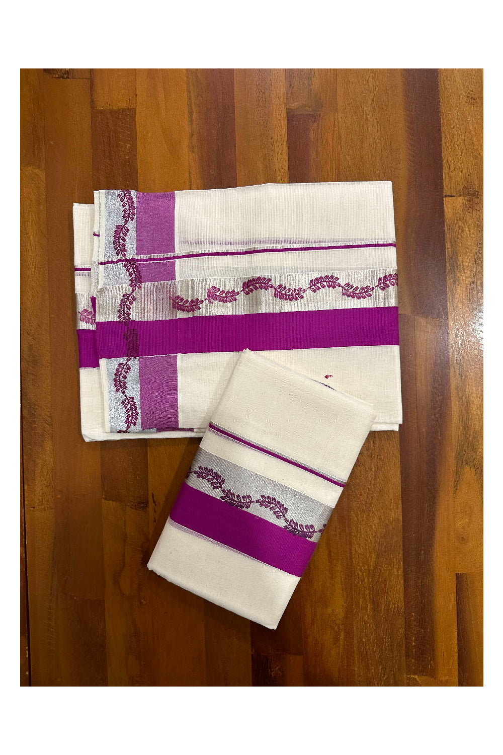 Kerala Cotton Single Set Mundu (Mundum Neriyathum) with Magenta Block Prints and Silver Kasavu Border 2.80 Mtrs (Onam set Mundu 2023)