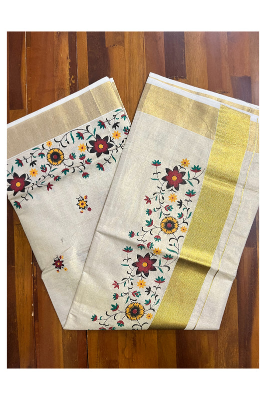 Kerala Tissue Kasavu Saree with Floral Block Printed Designs (Vishu 2024 Collection)