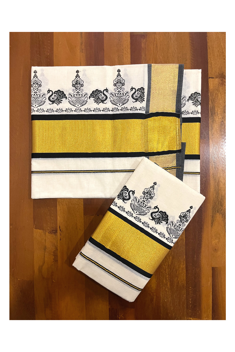 Pure Cotton Kerala Single Set Mundu (Mundum Neriyathum) with Black Block Printed Kasavu Border