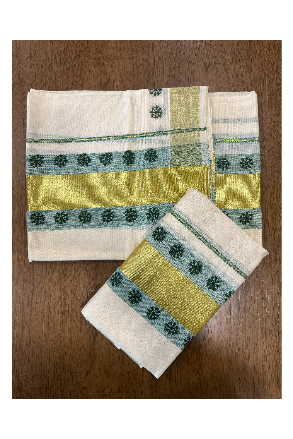 Cotton Single Set Mundu (Mundu Neriyathum) with Green Block Prints and Kasavu Border