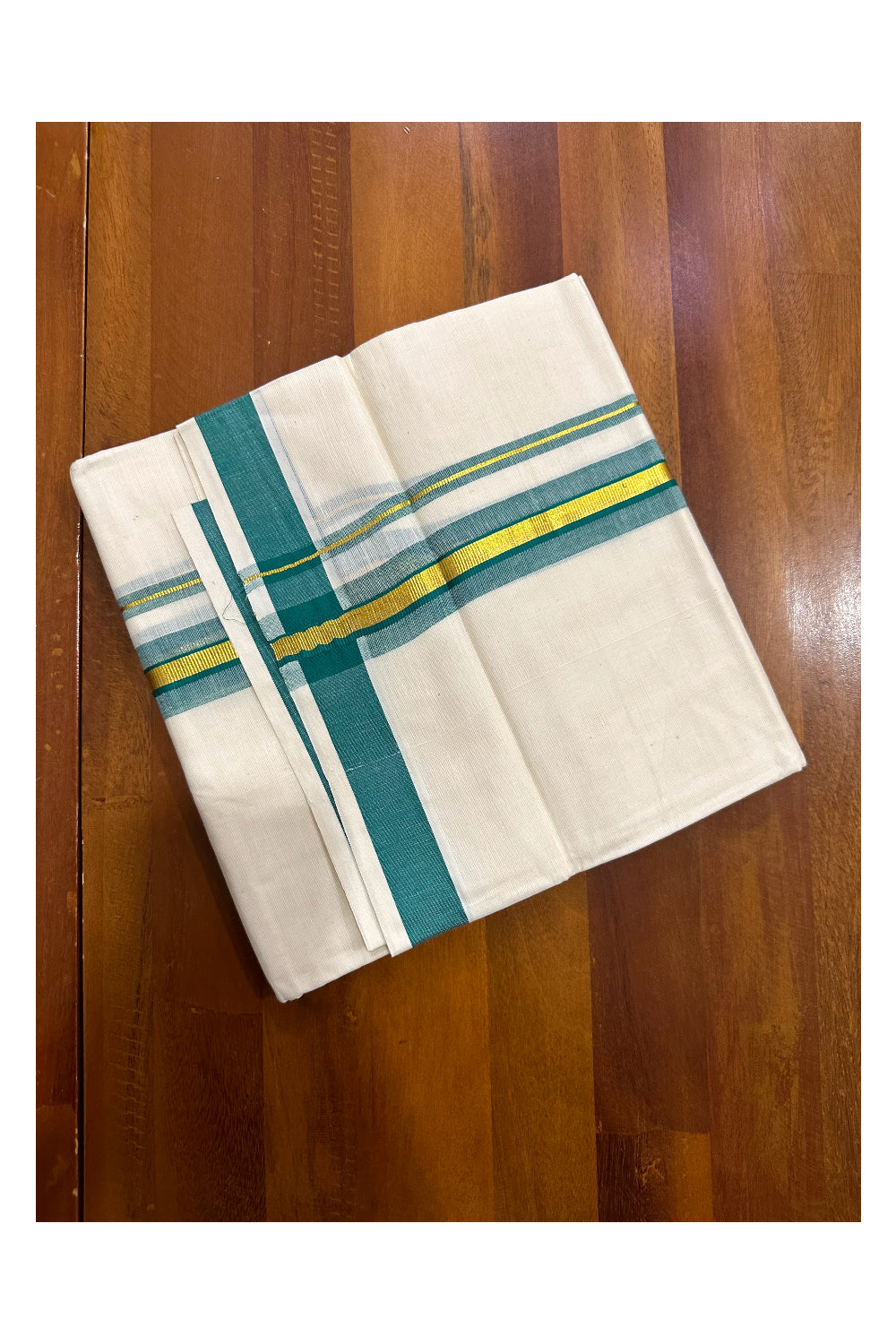 Kerala Cotton Double Mundu with Green and Kasavu Border (Onam Mundu 2023)