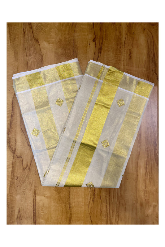 Kerala Tissue Kasavu Stripes Saree with Golden Floral Embroidery Designs on Body and Pallu