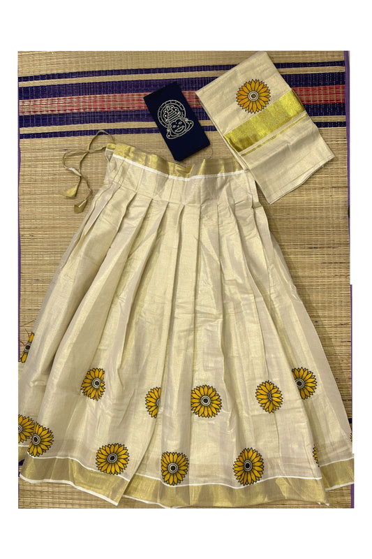 Semi Stitched Dhavani Set with Tissue Sunflower Printed Pavada and Dark Blue Bead Work Blouse Piece