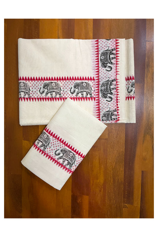 Kerala Pure Cotton Single Set Mundu (Mundum Neriyathum) with Black Elephant Block Prints on Red Temple Border