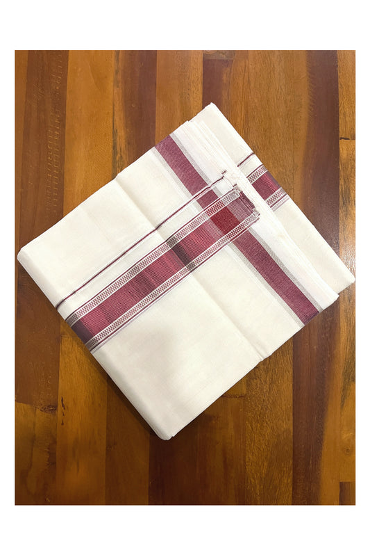 Southloom Premium Handloom Cotton Double Mundu with Silver and Maroon Kasavu Design Border (South Indian Kerala Dhoti)