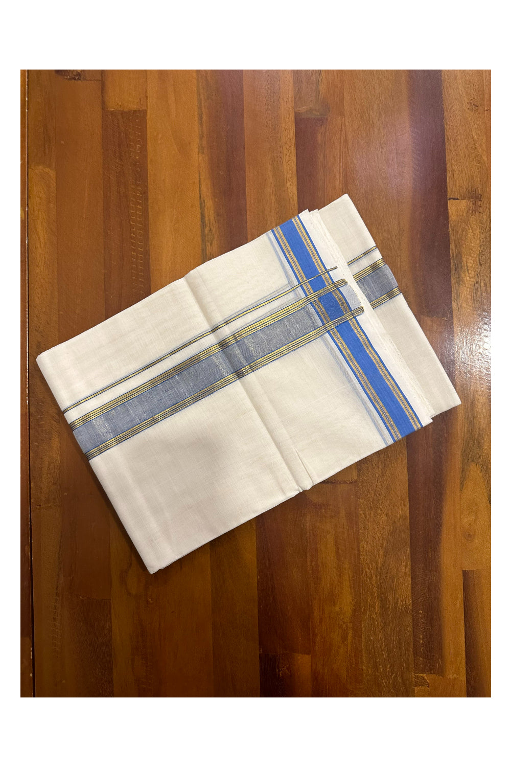 Southloom Premium Handloom Mundu with Blue and Kasavu Kara (Onam Mundu 2023)