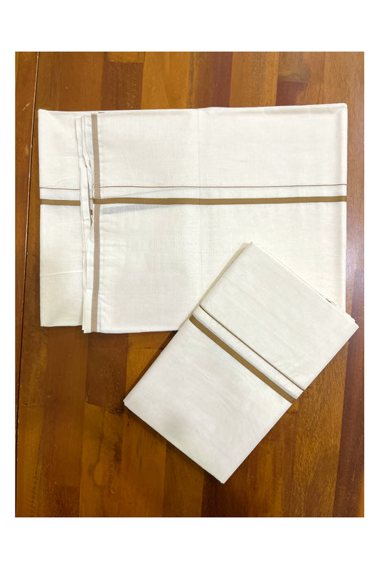 Kerala Cotton Single Puliyilakkara Set Mundu (Mundum Neriyathum) with 0.5 inch Brown Border 2.80Mtrs