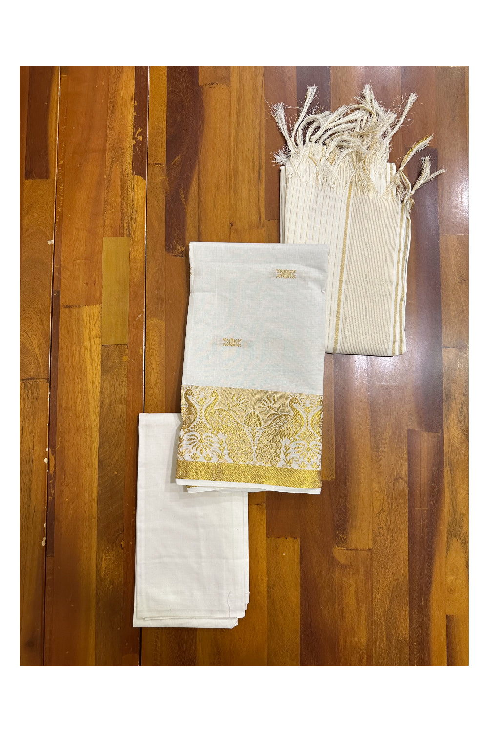 Kerala Cotton Churidar Salwar Material with Kasavu Peacock Woven Designs (include Shawl / Dupatta)