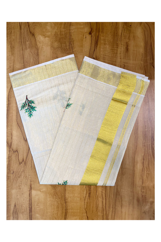 Kerala Tissue Kasavu Lines Saree with Green and Brown Floral Embroidery Works