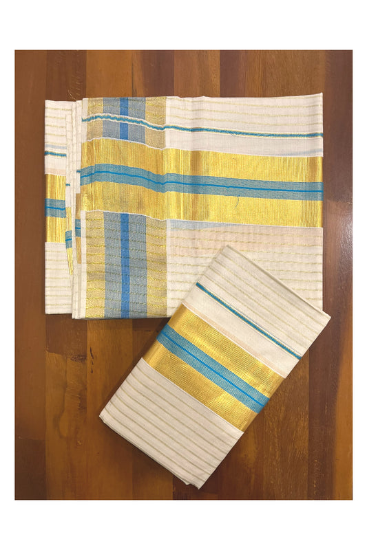 Kerala Cotton Set Mundu (Mundum Neriyathum) with Kasavu Lines on Body and Blue Border 2.80 Mtrs