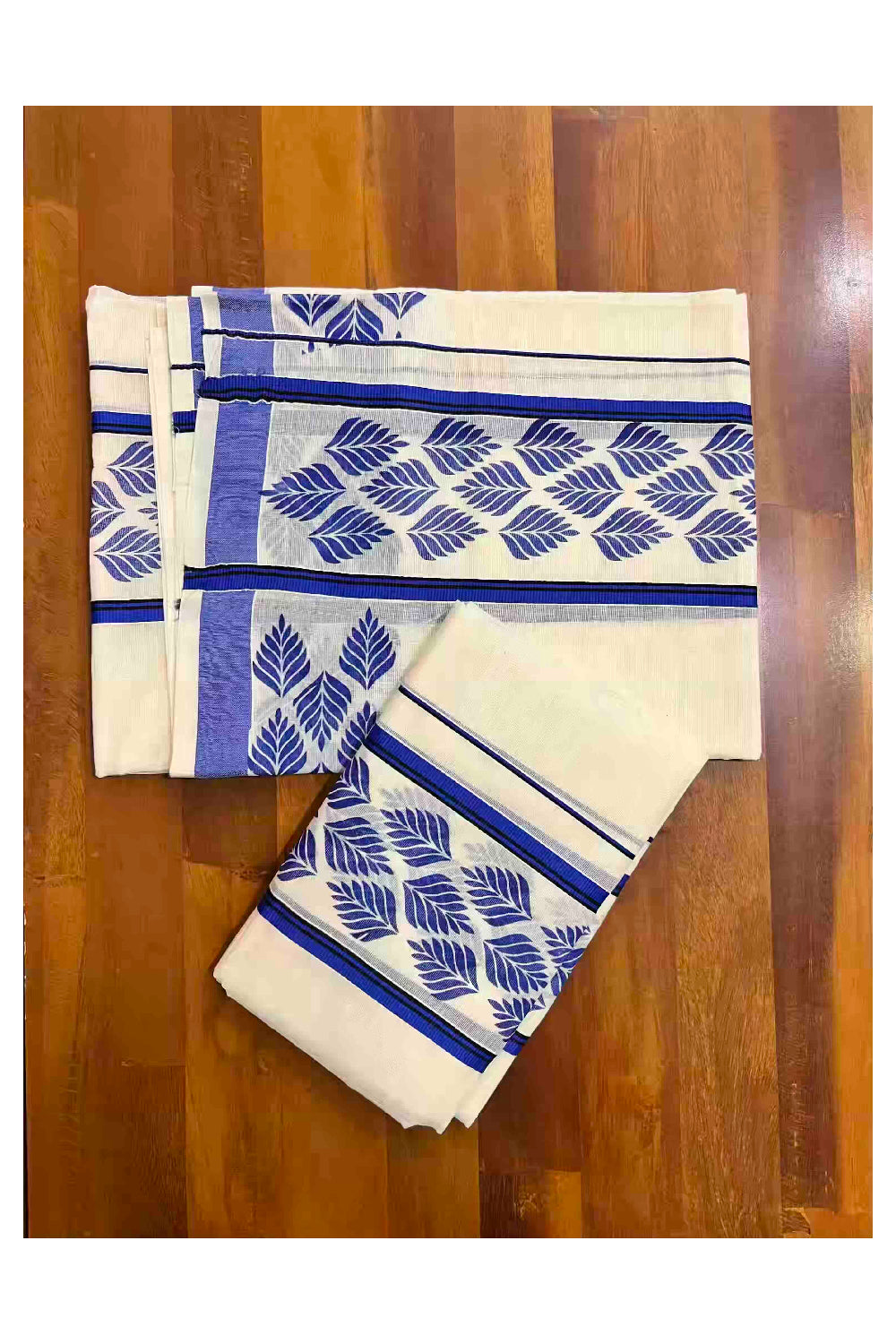 Kerala Cotton Single Set Mundu (Mundum Neriyathum) with Leaf Block Prints on Dark Blue and Black Border