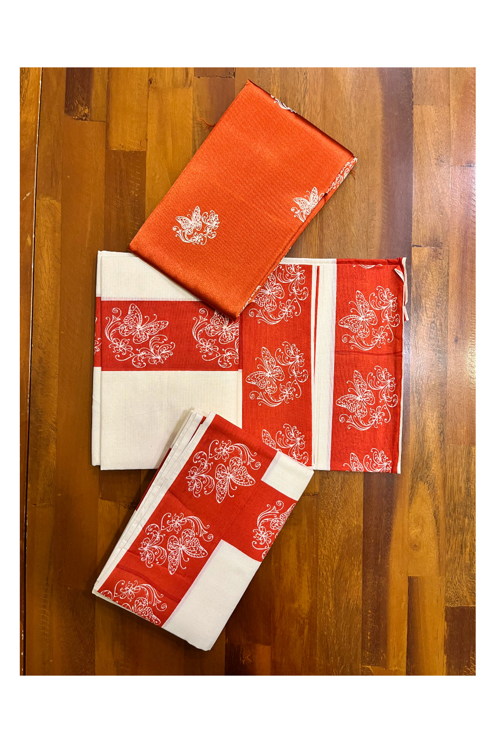 Kerala Cotton Set Mundu (Mundum Neriyathum) with Red Butterfly Prints and Seperate Blouse Piece