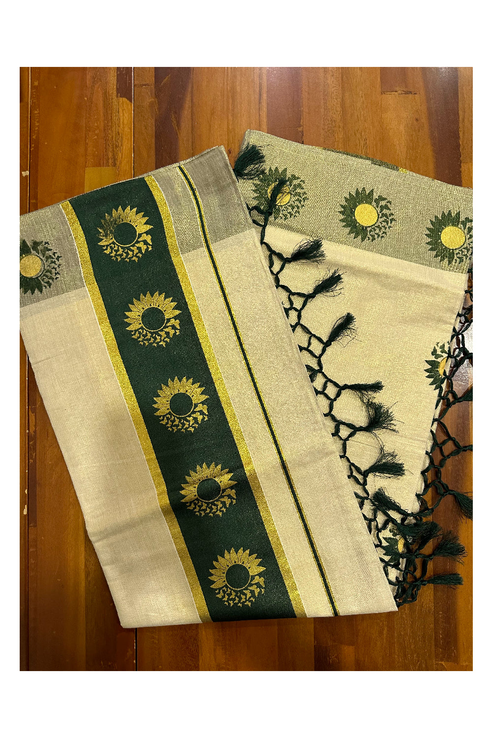 Kerala Tissue Kasavu Saree with Dark Green and Golden Block Prints on Border (Onam Saree 2023)