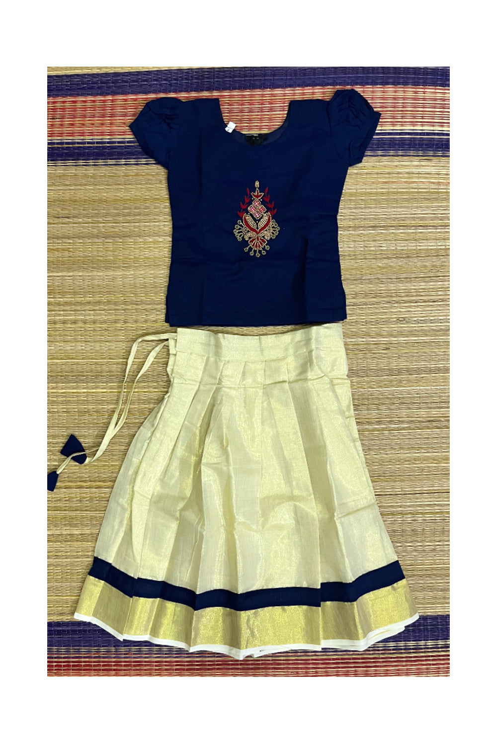 Southloom Kerala Pavada Blouse with Blue Bead Work Design (Age - 4 Year)